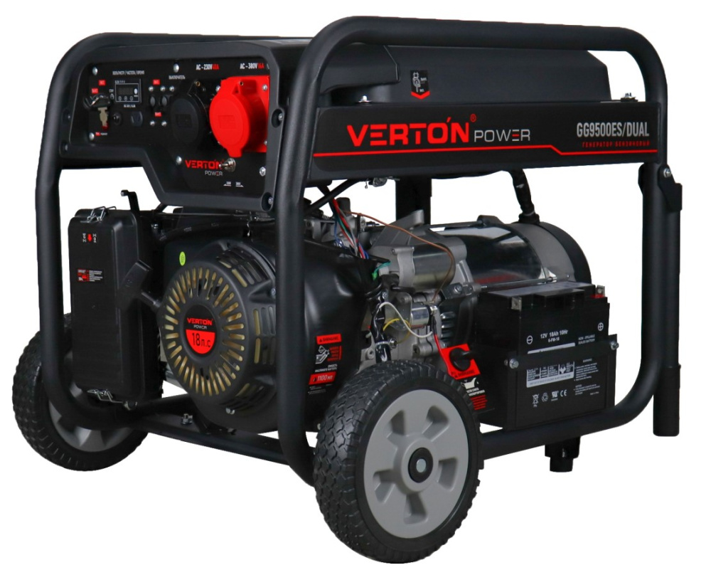 Генератор бензиновый VERTON POWER GG9500ES-3/DUAL(8,0/9.0кВт,230В/50, 8,0/9,0кВт 380В/50,18л.с. 458см3,Цифр.дисплей,хром.теплоизолятор глушителя,электростартер+ручной старт,DC 12В,розетки 1*40А/230+1*16А/380+вилки,бак 22л,медь,в комп-те:АКБ 12V 18 Ah